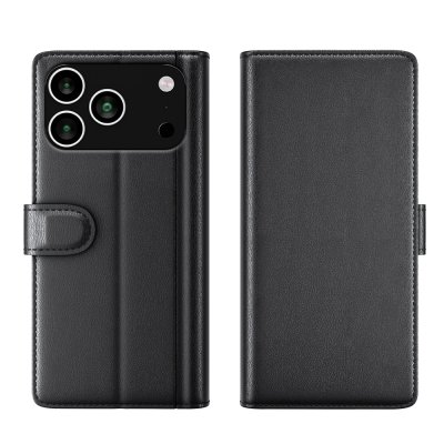 Svart iPhone 17 Pro Max läderfodral stängt – elegant och tunn profil