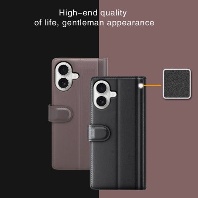iPhone 17-läderfodral med alla funktioner illustrerade – äkta svart läder, plats för kort och stativfunktion