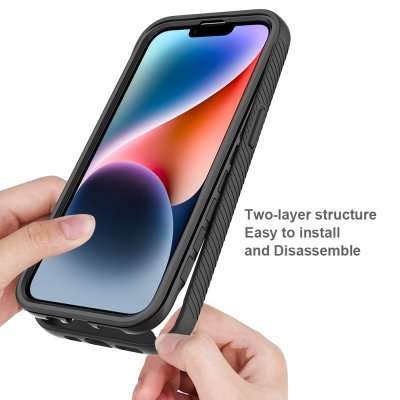 Stöttåligt svart Allround Cover skal för iPhone 17e i handen