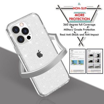 Skal iPhone 14 Pro med Glitter i Transparent färg som beskriver hur skalet inte är halt och har militär certifierad skydd