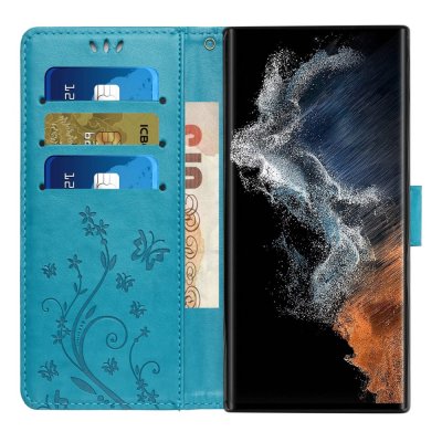 Köp Läderfodral Fjärilar Samsung Galaxy S23 Ultra Blå Online