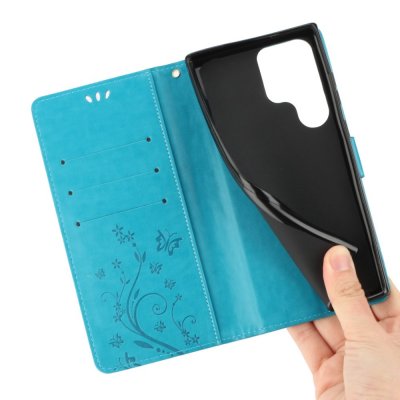 Köp Läderfodral Fjärilar Samsung Galaxy S23 Ultra Blå Online