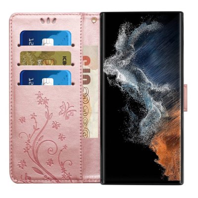 Köp Läderfodral Fjärilar Samsung Galaxy S23 Ultra Roséguld Online
