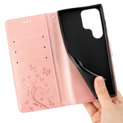 Köp Läderfodral Fjärilar Samsung Galaxy S23 Ultra Roséguld Online