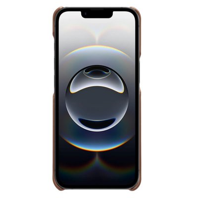 Framsida av iPhone 17e i brunt läderskal med kortförvaring