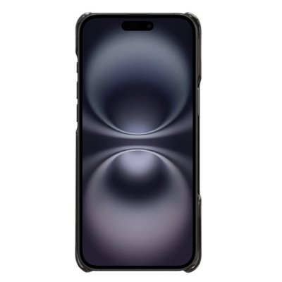 Framsida av svart läderskal på iPhone 17 – skärmen synlig i skalet