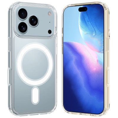 Transparent iPhone 17 Pro-skal med MagSafe – tydlig MagSafe-ring och helhetsvy fram/bak