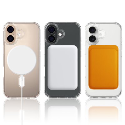 Visar kompatibilitet med alla MagSafe-tillbehör – transparent iPhone 17-skal