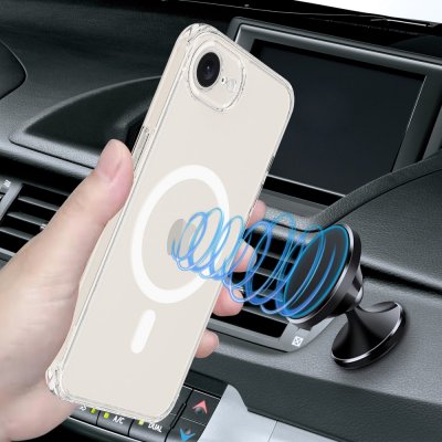 iPhone 17e i transparent MagSafe skal i magnetisk bilhållare