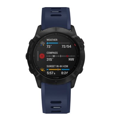 Garmin Fenix 7X Pro med blått armband – displayvy framifrån