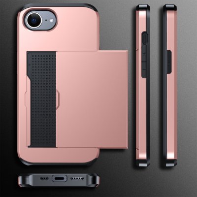 Roséguld iPhone 16e hybridskal med kortförvaring