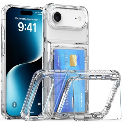 Transparent iPhone 17 Air-skal med kortfack och kickstand – visas stående med mobilskärm framåt