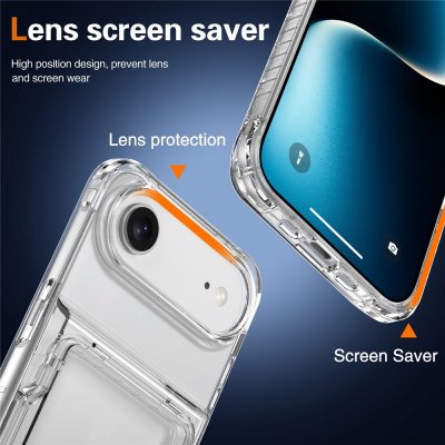 Transparent iPhone 17 Air-skal med kortfack och utfällt stöd i mörk miljö