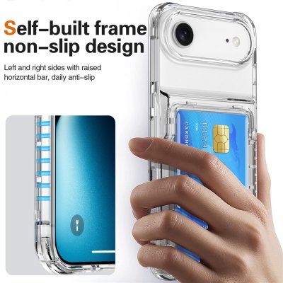 Transparent iPhone 17 Air-skal med kortfack och utfällt stöd i mörk miljö