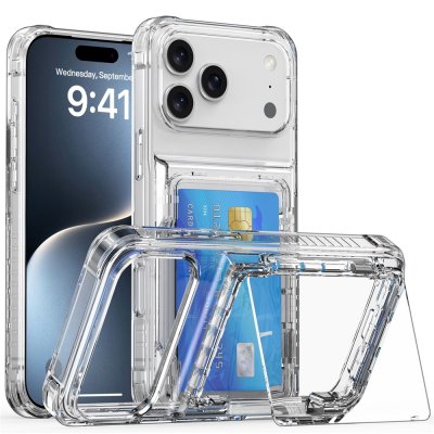 Transparent iPhone 17 Pro-skal med kortfack och kickstand – visas stående med mobilskärm framåt