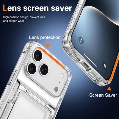 Transparent iPhone 17 Pro-skal med kortfack och utfällt stöd i mörk miljö