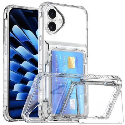 Transparent iPhone 17-skal med kortfack och kickstand – visas stående med mobilskärm framåt