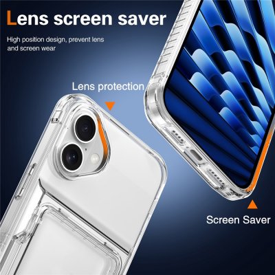 Transparent iPhone 17-skal med kortfack och utfällt stöd i mörk miljö