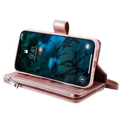 Zipper Magnet Leather Wallet iPhone 12 Pro Max Rose Guld - Techhuset.se