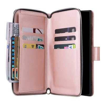 Köp Zipper Magnet Leather Wallet Samsung Galaxy S23 Ultra Roséguld Online