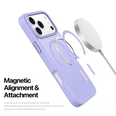 Trådlös laddning med MagSafe på iPhone 17 Pro Max med lila skal