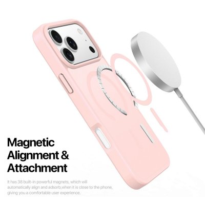 MagSafe-kompatibelt rosa Dux Ducis skal laddas trådlöst på iPhone 17 Pro