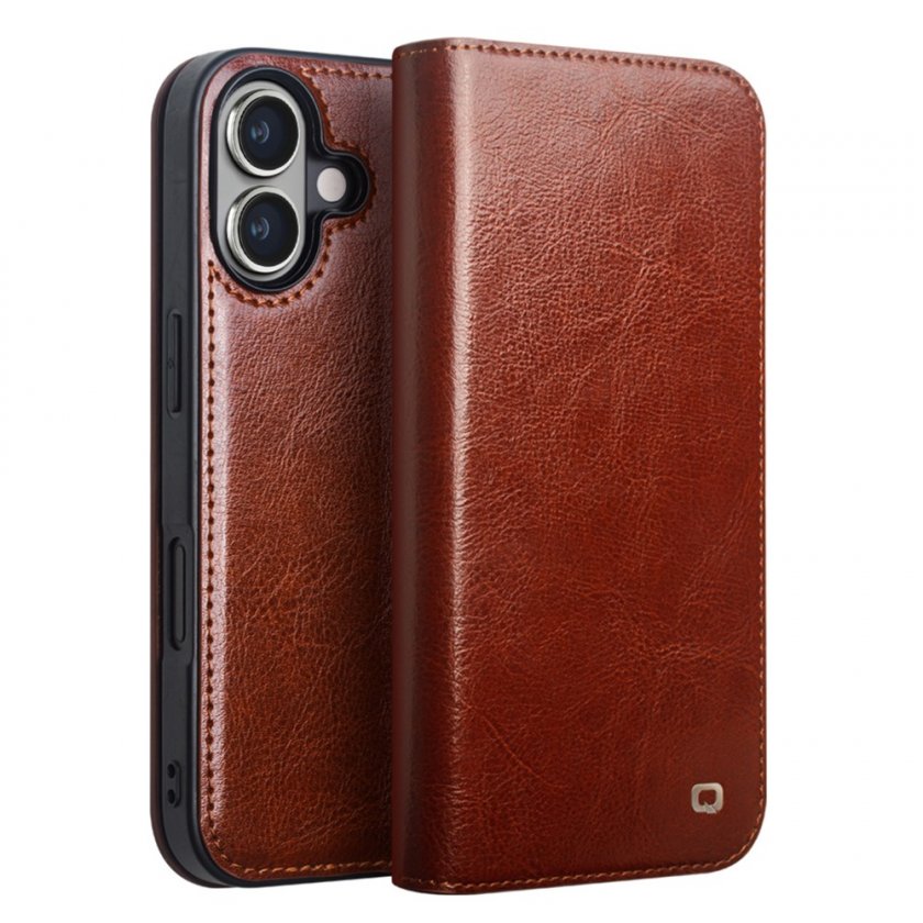 Bild på Qialino Leather Wallet Case iPhone 16 Brown som visar hur fodralet ser ut